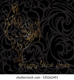 Golden Rooster and Happy New Year text on a black floral background