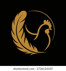 A golden rooster head with a feather in a circular design on a black background, featuring a stylized illustration in a simple and elegant style.