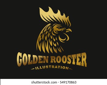 Golden rooster illustration emblem, logo on dark background.