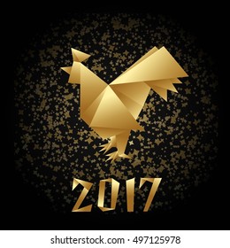 Golden rooster isolated on black background. Symbol of the 2017 year. Origami paper style.