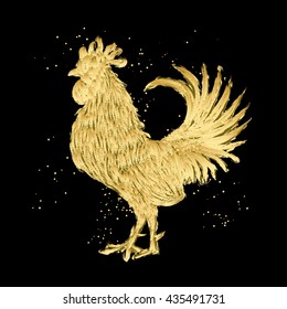 Golden rooster on black background. Chinese calendar Zodiac for 2017 New Year of rooster. Rooster golden silhouette. Hand painting of rooster with Chinese traditional calligraphy brushes. Gold foil.