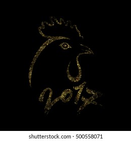 Golden rooster on black background. Cock silhouette with numbers 2017. Black and gold vector illustration.