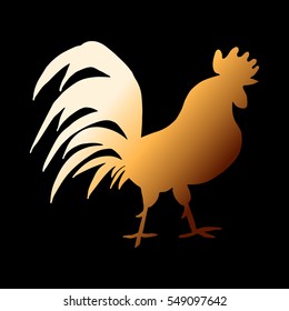 Golden rooster on black background. Silhouette of rooster