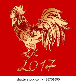 Golden Rooster on a red background. The symbol of the Chinese New Year 2017.