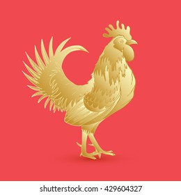 Golden rooster on red background looking at right. Chinese calendar Zodiac for 2017 New Year of rooster. Rooster golden silhouette. Hand drawing doodle with gradients. Chinese Happy New Year. 