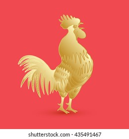 Golden rooster on red background looking at right. Chinese calendar Zodiac for 2017 New Year of rooster. Rooster golden silhouette. Hand drawing doodle with gradients. Chinese Happy New Year. 