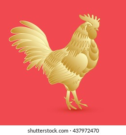 Golden rooster on red background looking at right. Chinese calendar Zodiac for 2017 New Year of rooster. Rooster golden silhouette. Hand drawing doodle with gradients. Chinese Happy New Year. 