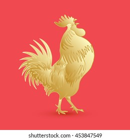 Golden rooster on red background looking at right. Chinese calendar Zodiac for New Year of rooster. Hand drawing doodle with gradients. Chinese Year. 