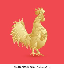 Golden rooster on red background looking at right. Chinese calendar Zodiac for 2017 New Year of rooster. Rooster golden silhouette. Hand drawing doodle with gradients. Chinese Happy New Year. 
