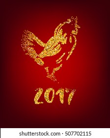 Golden rooster on red background. Chinese calendar Zodiac for 2017 New Year of cock. Traditional asian culture animal symbol. Vector illustration with gold sparks for your design.