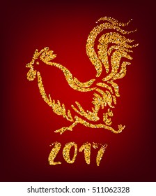 Golden rooster on red background. Chinese calendar Zodiac for 2017 New Year of cock. Traditional asian culture animal symbol. Vector illustration with gold sparks for your design.