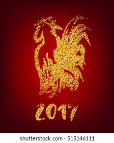 Golden rooster on red background. Chinese calendar Zodiac for 2017 New Year of cock. Traditional asian culture animal symbol. Vector illustration with gold sparks for your design.