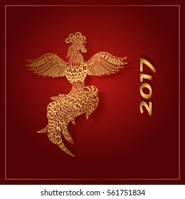 Golden rooster on a red background, hand-drawn. Vector.  Style zentangle. Symbol of the 2017 year

