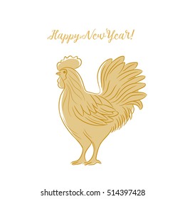 Golden rooster on a white background. Happy New Year card. Bantam - symbol eastern horoscope. The image can be used to design posters, souvenirs, postcards and prints for T-shirts