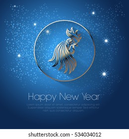 Golden Rooster in the golden ring on a blue background with a stars and the words "Happy New Year" 