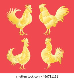 Golden rooster set on red background. Chinese calendar Zodiac for 2017 New Year of rooster collection. Roosters gold silhouette. Hand drawing of rooster with Chinese traditional calligraphy brushes 