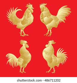 Golden rooster set on red background. Chinese calendar Zodiac for 2017 New Year of rooster collection. Roosters gold silhouette. Hand drawing of rooster with Chinese traditional calligraphy brushes 