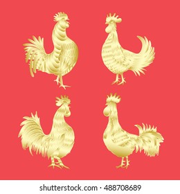 Golden rooster set on red background. Chinese calendar Zodiac for 2017 New Year of rooster collection. Roosters gold silhouette. Hand drawing of rooster with Chinese traditional calligraphy bundle. 