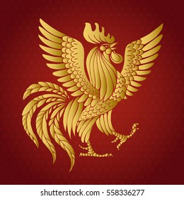 Golden Rooster. Vector illustration of  hand drawn stylized golden rooster with spread wings, symbol of 2017. Isolated on red background.