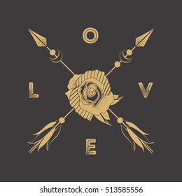 Golden rose and arrows composition on black background. T-shirt and tattoo art.