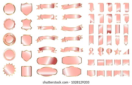 Golden rose banner ribbon label vector set background with isolated fancy badge vintage sticker and decorative border icon for frame. Festive colorful tag design award of gift illustration collection