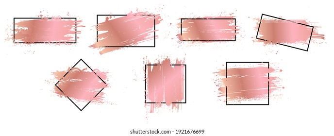 Golden rose brush strokes with frame for text. Template splashes set for logo, poster, flyers, cards. Boxes for text, dirt artistic design brushstroke with picture frame. Gold rose vector set