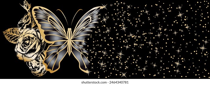 golden rose, golden butterfly and golden stars on a black background