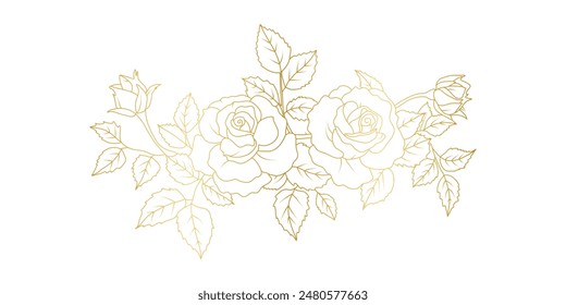 Goldene Rosen Blumen Linie Kunst isoliert auf weißem Hintergrund. Luxus-Rosen florale Design-Elemente für Einladung, Hochzeit, Bildschirmhintergrund, Print-Vorlage, Vektorillustration