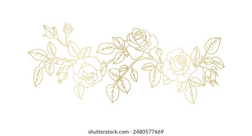 Flores de rosa dorada arte de línea aislado sobre fondo blanco. Elementos de diseño florales de rosas de lujo para invitación, boda, Fondo de pantalla, Plantilla de impresión, Ilustración vectorial