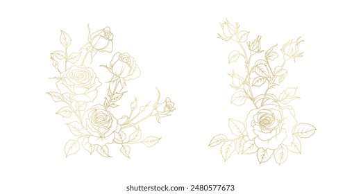 Goldene Rosen Blumen Linie Kunst isoliert auf weißem Hintergrund. Luxus-Rosen florale Design-Elemente für Einladung, Hochzeit, Bildschirmhintergrund, Print-Vorlage, Vektorillustration