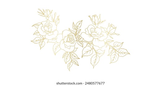 Flores de rosa dorada arte de línea aislado sobre fondo blanco. Elementos de diseño florales de rosas de lujo para invitación, boda, Fondo de pantalla, Plantilla de impresión, Ilustración vectorial