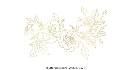 Flores de rosa dorada arte de línea aislado sobre fondo blanco. Elementos de diseño florales de rosas de lujo para invitación, boda, Fondo de pantalla, Plantilla de impresión, Ilustración vectorial