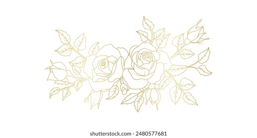 Flores de rosa dorada arte de línea aislado sobre fondo blanco. Elementos de diseño florales de rosas de lujo para invitación, boda, Fondo de pantalla, Plantilla de impresión, Ilustración vectorial