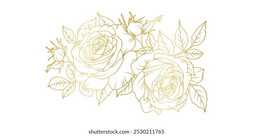 Rosa dourada flores linha arte isolado no fundo branco. Luxo rosas elementos de design floral para convite, casamento, papel de parede, modelo de impressão, ilustração vetorial