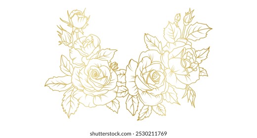 Flores de oro de la línea de arte aislado en el fondo blanco. Elementos de diseño florales de las rosas de lujo para la invitación, boda, Fondo de pantalla, Plantilla de la impresión, Ilustración vectorial