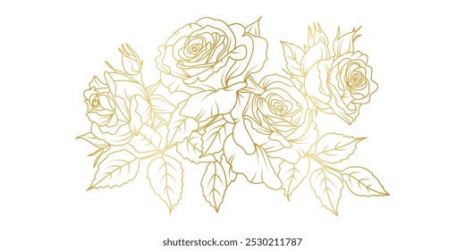 Rosa dourada flores linha arte isolado no fundo branco. Luxo rosas elementos de design floral para convite, casamento, papel de parede, modelo de impressão, ilustração vetorial