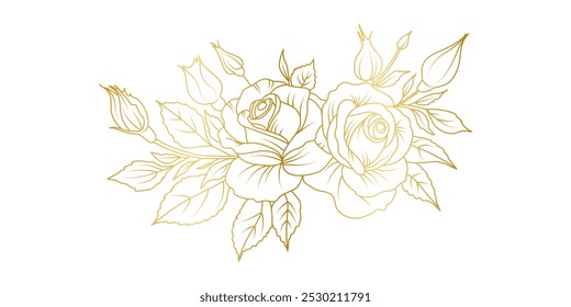 Flores de oro de la línea de arte aislado en el fondo blanco. Elementos de diseño florales de las rosas de lujo para la invitación, boda, Fondo de pantalla, Plantilla de la impresión, Ilustración vectorial