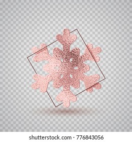 Golden rose foil snowflake. Pink glossy texture decor isolated on transparent background. Vector shiny metal snow element design.