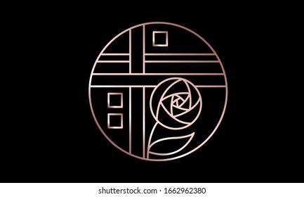 Golden Rose with geometric line emblem. Art deco style. Decorative element line art design for print, card, logo.  Jewelry pendant. Vector illustration 