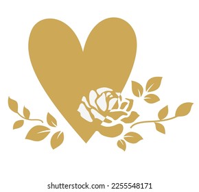  Golden rose and heart silhouette. Love icon for wedding card design. Vector stock illustration.