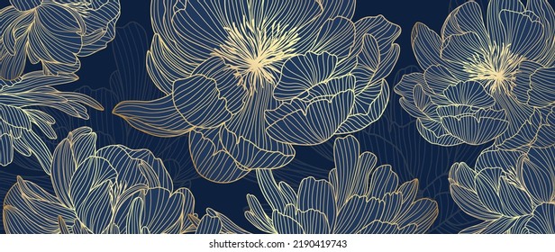 Vector de arte de la línea rosa dorada en fondo oscuro. Papel de color de agua de lujo con flores de rosa, hojas y flores dibujadas a mano. Elegante diseño botánico para banner, invitación, embalaje, arte mural.