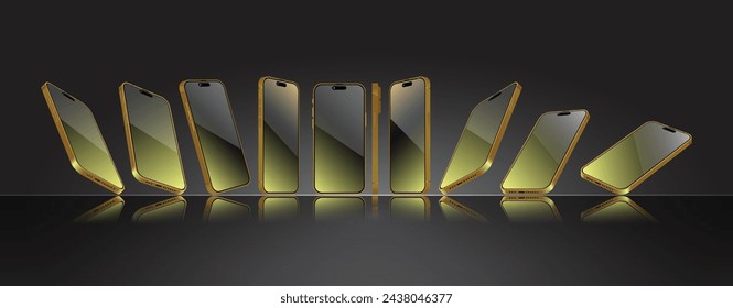 golden rose luxury smartphone mockup in different angles collection. 3D perspective view mobile phone and cellphone mockup. Front, perspective side view template. Vector.