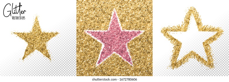 Golden rose pink glitter stars. Sparkle brush stroke. Social media networks square template background. Golden foil vector spot.