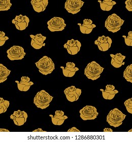 Golden roses bud silhouette vector seamless pattern on black background for wallpaper, wrapping, packing, and backdrop.