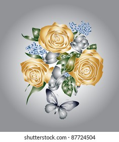 golden roses and butterflies on a gray background