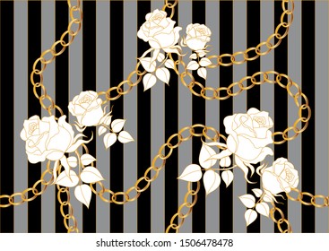Golden roses and chains on striped background.EPS10 Illustration 