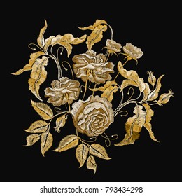 Golden roses embroidery. Classical embroidery vintage buds of golden roses on black background. Fashionable template for design of clothes, t-shirt design, tapestry flowers renaissance style vector 