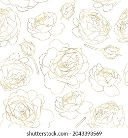 Golden roses flowers line silhouette pattern , seamless repeatable texture wallpaper on white background.