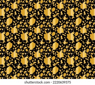 Golden Roses and leaves vector repeat pattern on black background.