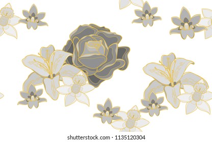 Golden roses, orchids and hawaiian flowers. Big leaves and exotic flowers composition. Vector illustration. Botanical seamless wallpaper. Digital nature art. Cartoon style sketch. White background.